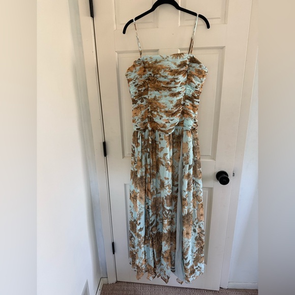 BHLDH- from Anthro Dresses & Skirts - Strapless Floral Ruched Maxi Dress in Light Blue and Tan